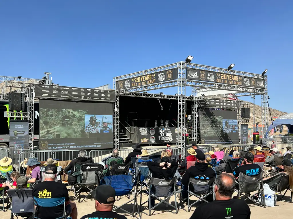 Modular LED wall rental displaying live race coverage at King of the Hammers off-road racing event with professional staging and event production support.