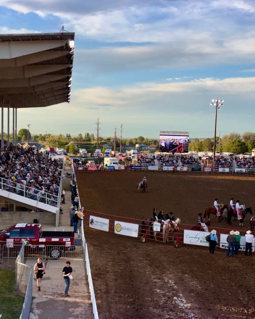 Mobile LED screen displaying live rodeo action to a packed grandstand during an outdoor evening rodeo event.