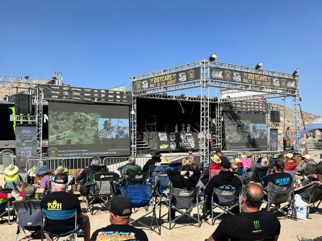 Modular LED wall rental displaying live race coverage at King of the Hammers off-road racing event with professional staging and event production support.