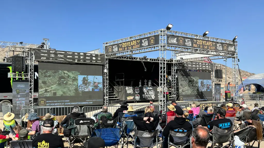 Modular LED wall rental displaying live race coverage at King of the Hammers off-road racing event with professional staging and event production support.