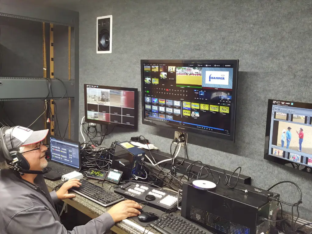 Event production suite inside a mobile LED trailer featuring live video switching, content management, and on-site event support.